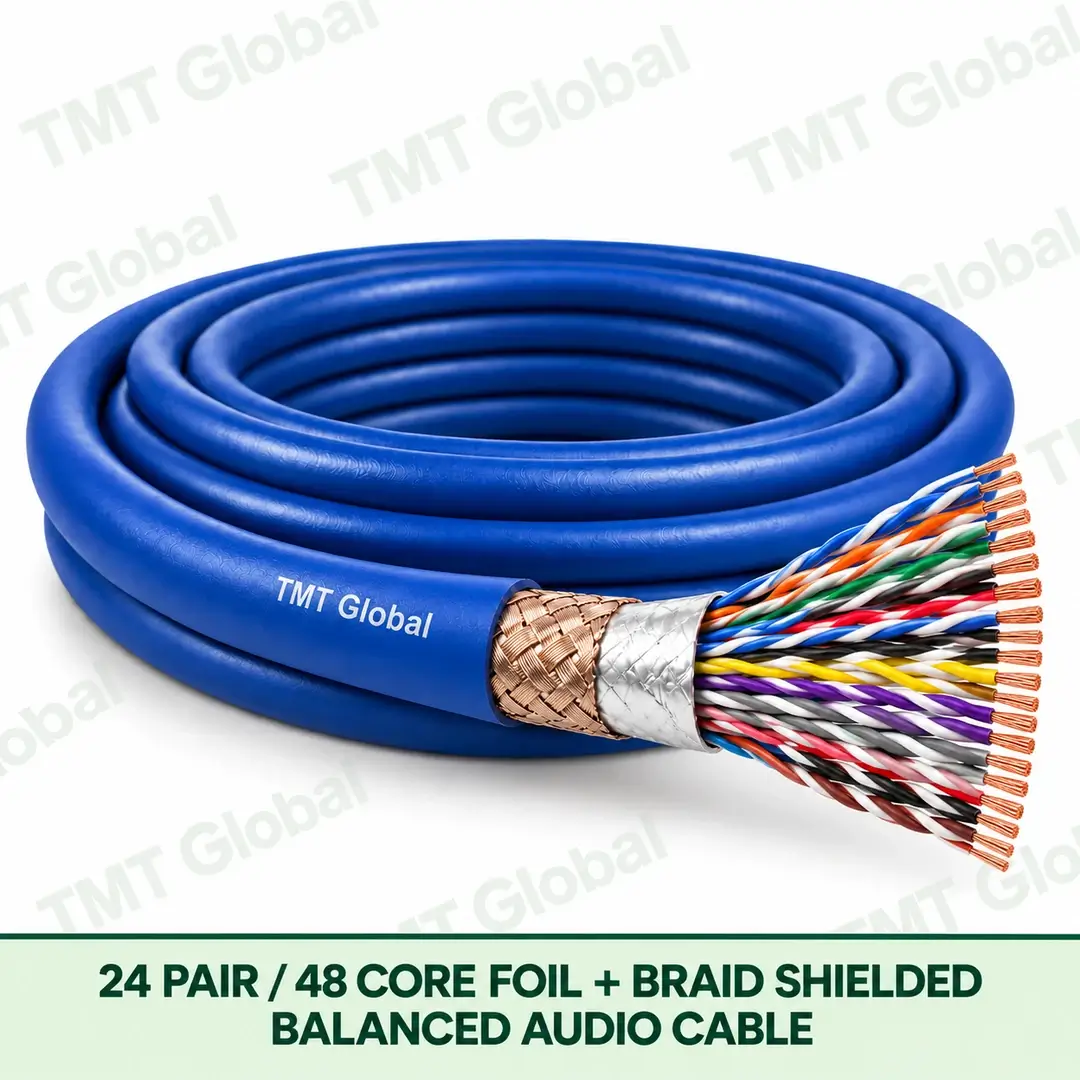 TMT-GLOBAL-48B-AU-24-Pair-48-Core-Foil-Braid-Balanced-Audio-Cable-1080x1080 TMT Global 24 Pair 48 Core Foil plus Braid Shielded Balanced Audio Cable product image showing the cable coil and exposed conductor cutaway.
