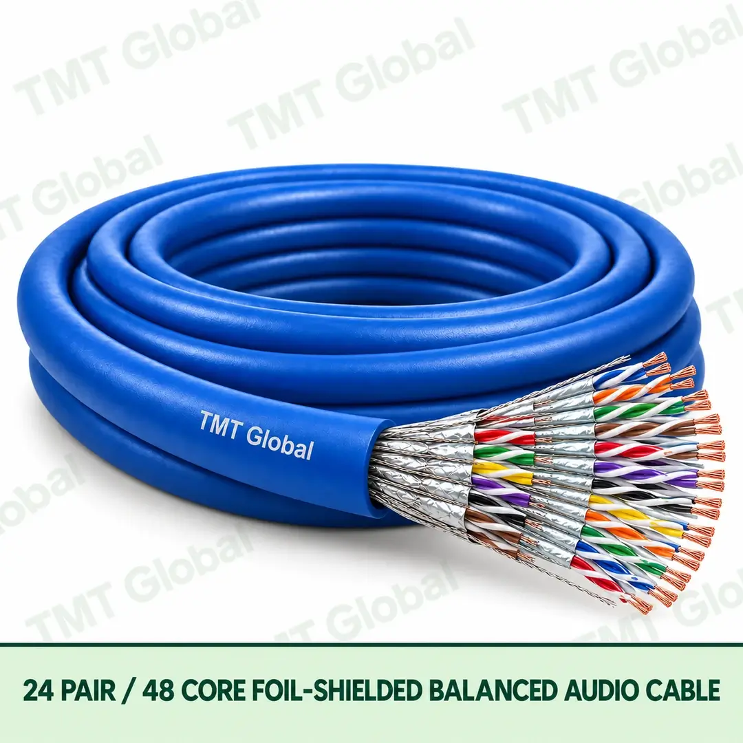 TMT-GLOBAL-48S-AU-24-Pair-48-Core-Foil-Shielded-Balanced-Audio-Cable-1080x1080 TMT Global 24 Pair 48 Core Foil Shielded Balanced Audio Cable product image showing the cable coil and exposed conductor cutaway.