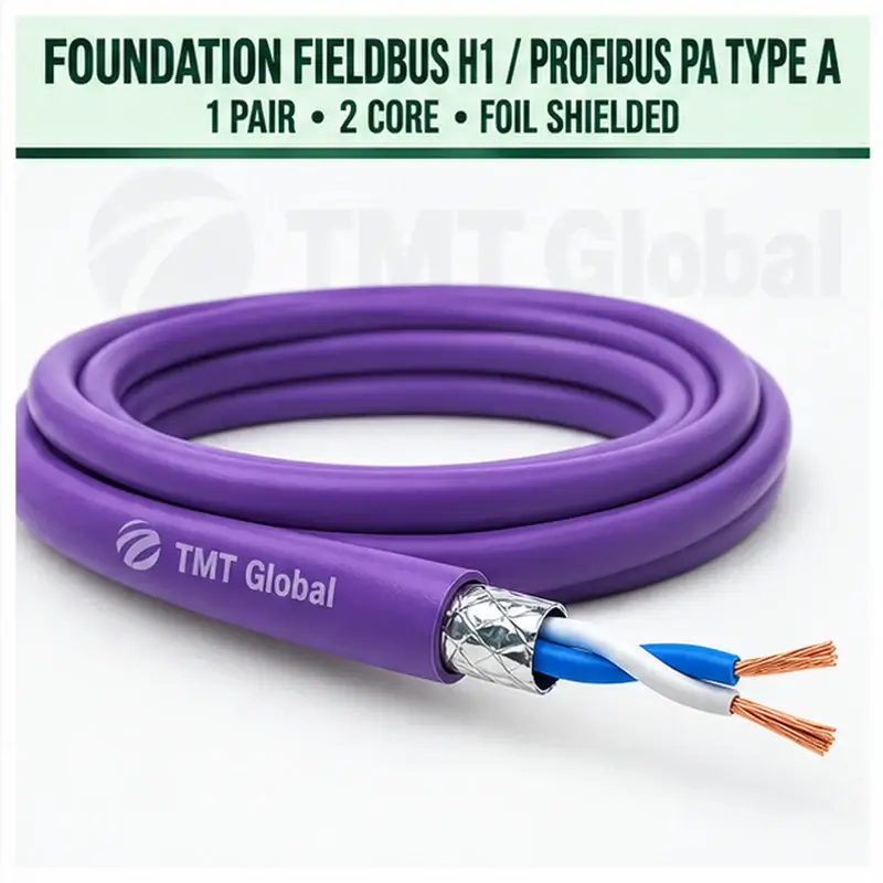 TMT Global 1 pair, 2 core, foil shielded FOUNDATION Fieldbus H1 / PROFIBUS PA Type A Bus Cable, with the protocol, pair count, core count, and shielding visible.