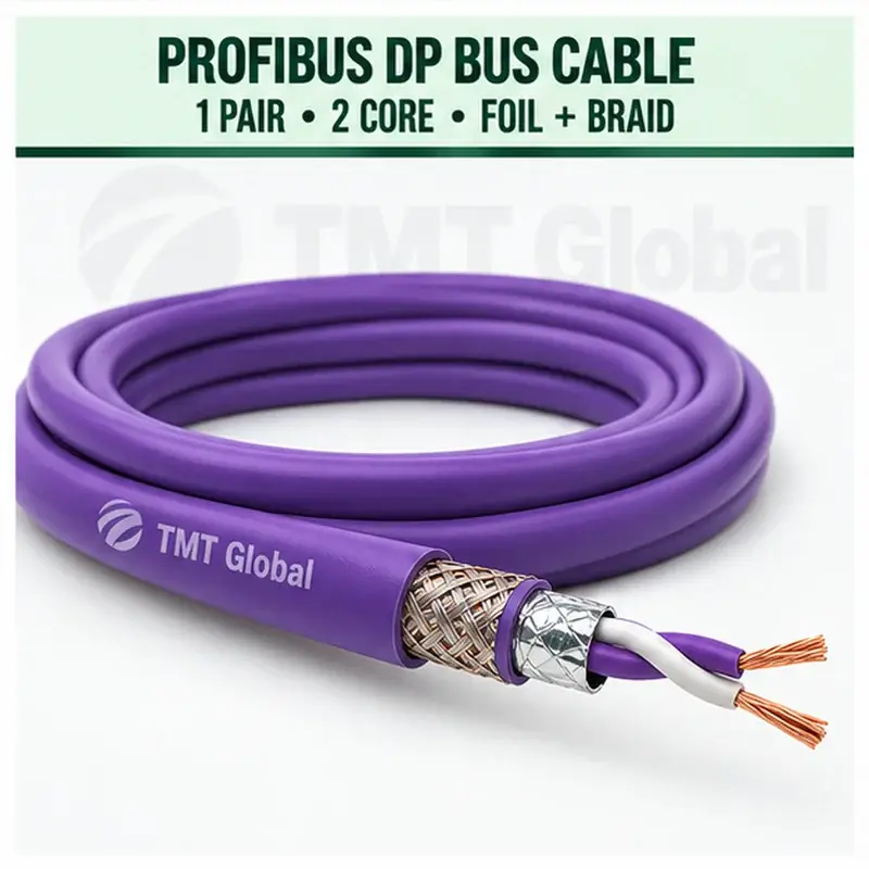 TMT Global 1 pair, 2 core, foil and braid shielded PROFIBUS DP Bus Cable, with the protocol, pair count, core count, and shielding visible.
