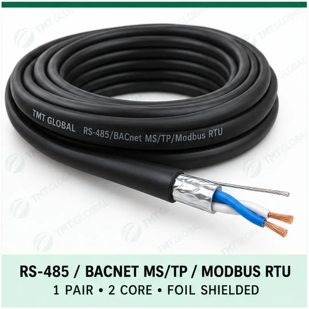 TMT-GLOBAL-BUS-RS485-1P2C-F-Bus-Cable-1080x1080 TMT Global 1 pair, 2 core, foil shielded RS-485 / BACnet MS/TP / Modbus RTU Bus Cable, with the protocol, pair count, core count, and shielding visible.