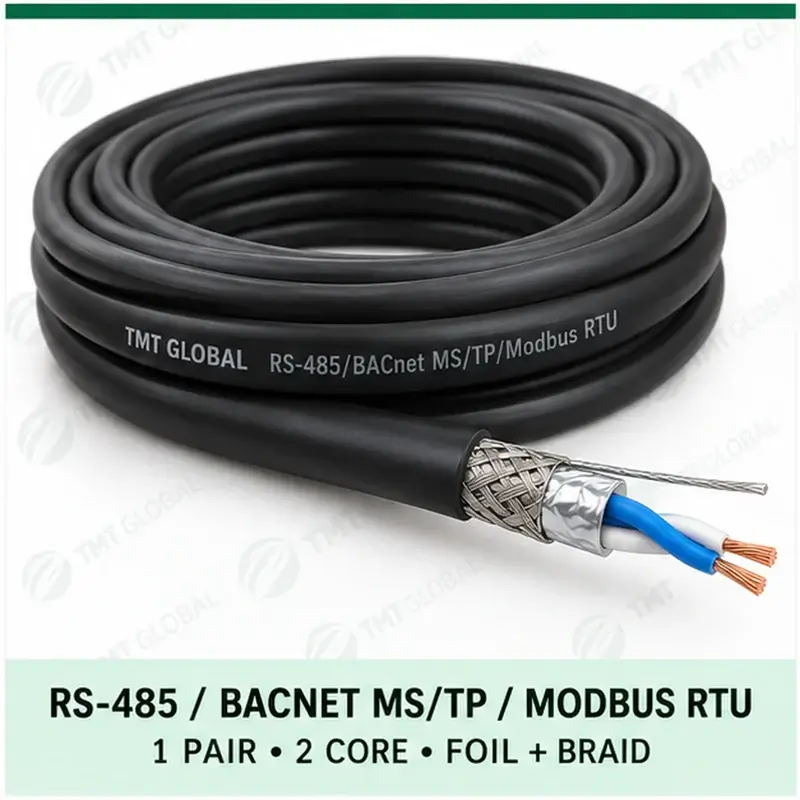 TMT Global 1 pair, 2 core, foil and braid shielded RS-485 / BACnet MS/TP / Modbus RTU Bus Cable, with the protocol, pair count, core count, and shielding visible.