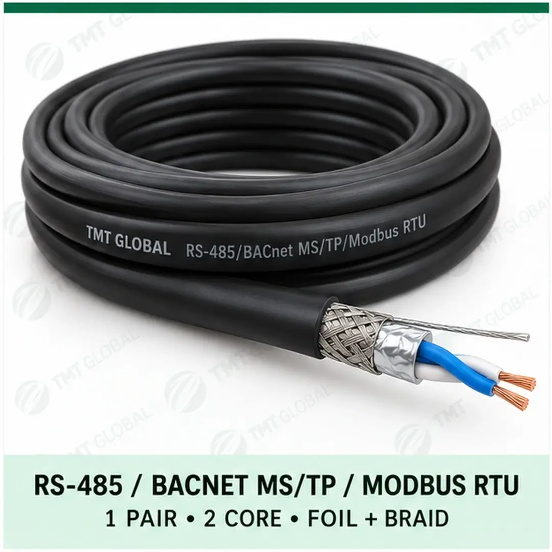 TMT-GLOBAL-BUS-RS485-1P2C-FB-Bus-Cable-1080x1080 TMT Global 1 pair, 2 core, foil and braid shielded RS-485 / BACnet MS/TP / Modbus RTU Bus Cable, with the protocol, pair count, core count, and shielding visible.