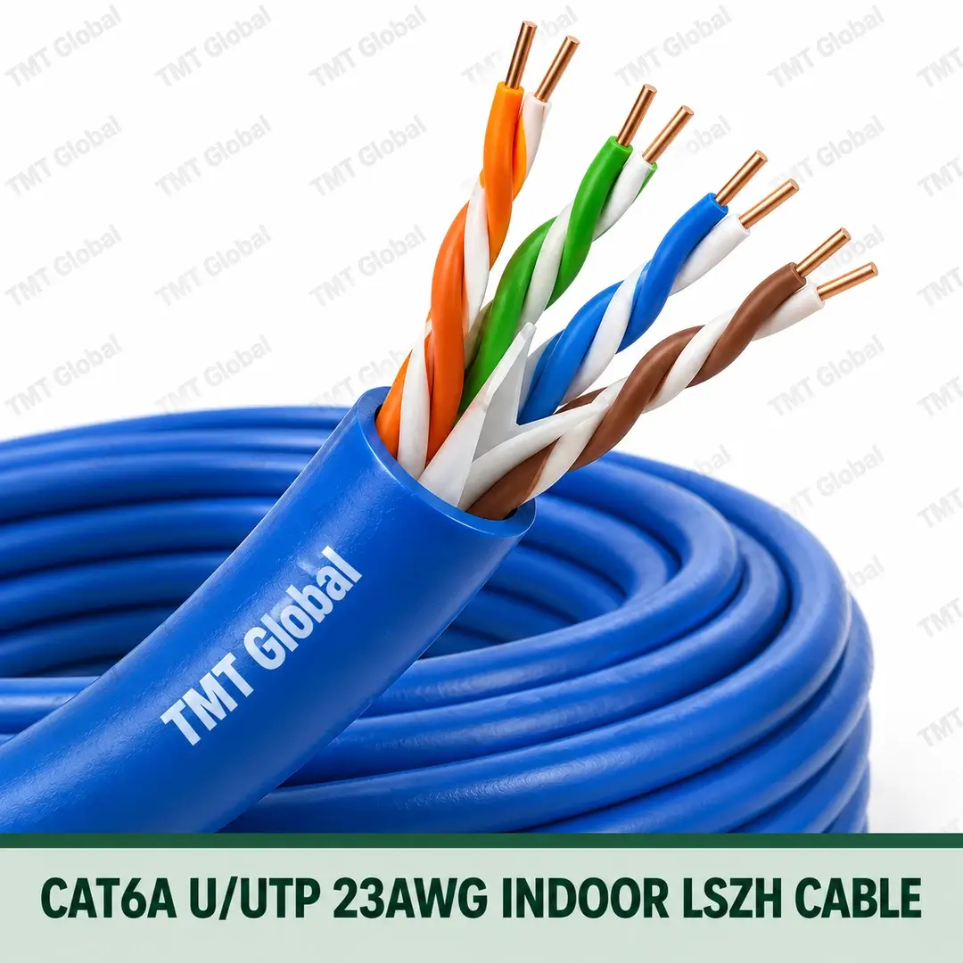TMT-GLOBAL-CAT6A-U-UTP-23AWG-INDOOR-LSZH-1080x1080 TMT Global CAT6A U/UTP 23AWG indoor LSZH cable with four visible twisted pairs and eight copper conductor ends.