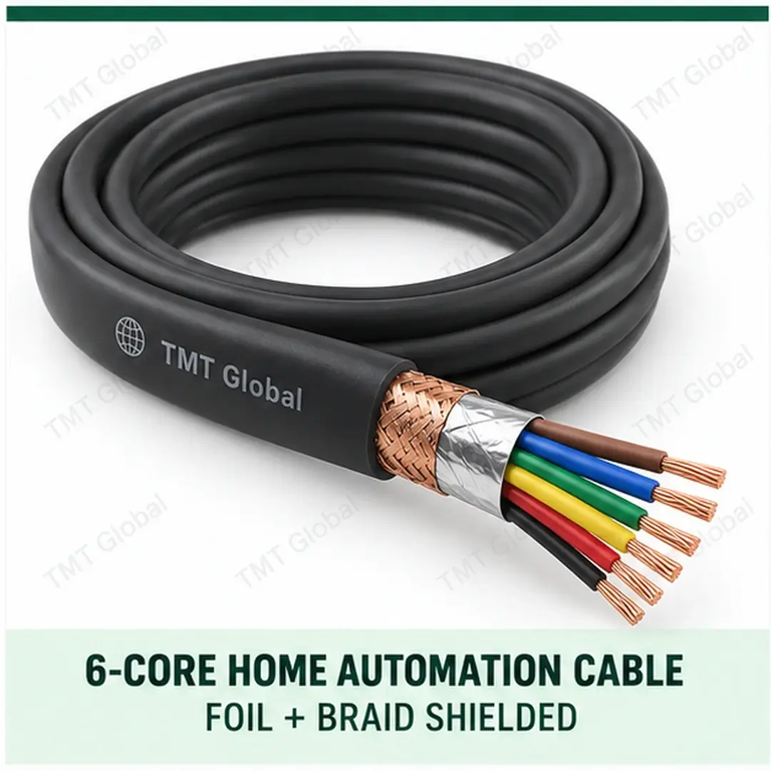 TMT-GLOBAL-HA-6C-FB-6-Core-Foil-Braid-Shielded-Home-Automation-Cable-1080x1080 TMT Global 6 core foil + braid shielded home automation cable, with 6 colored copper conductors.